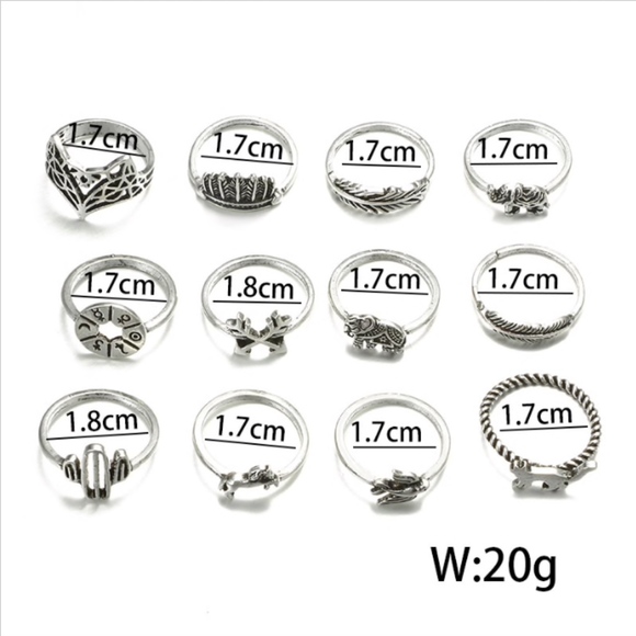 12-piece Zodiac Symbols Fox Cat Silver Ring Set - Picture 5 of 8